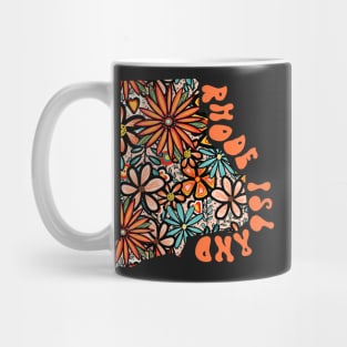 Rhode Island State Design | Artist Designed Illustration Featuring Rhode Island State Filled With Retro Flowers with Retro Hand-Lettering Mug
